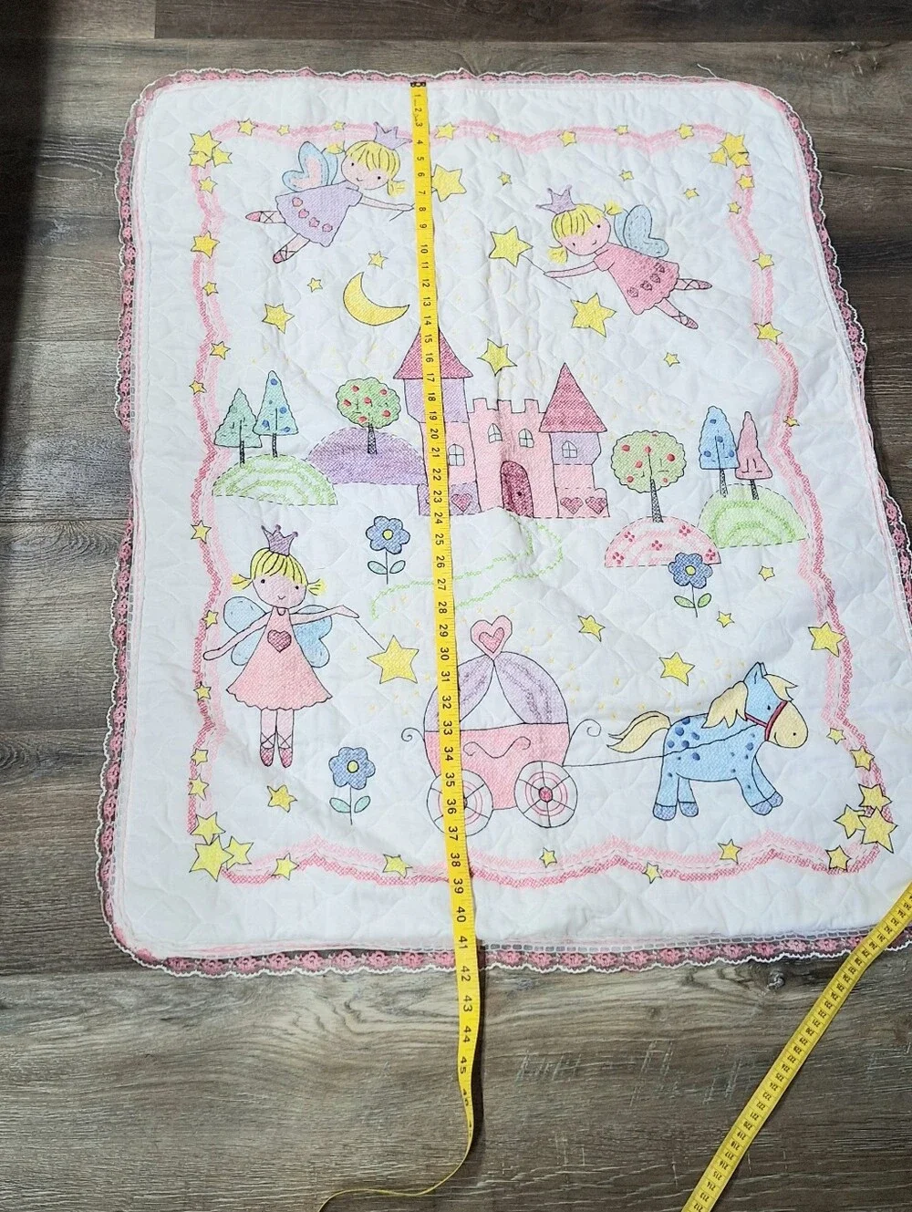 Bucilla Princess Handmade Cross Stitched Baby Quilt With Lace Edging 32 X 41